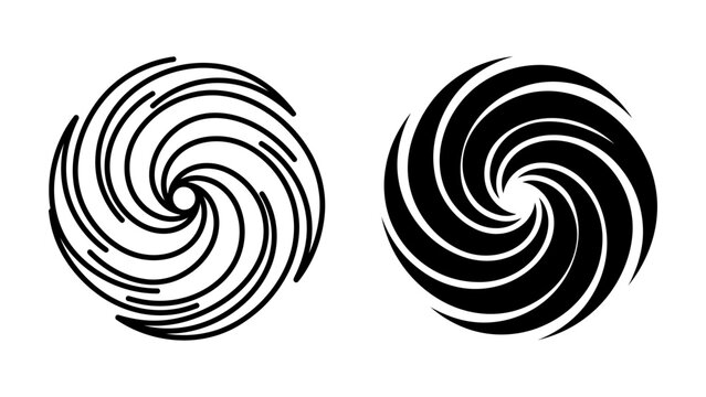 Spiral vortex and hurricane vector icons with outline and solid black circular shapes for weather and motion design