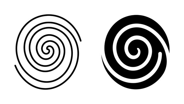 Spiral and swirl vector icons with black line and solid shapes for graphic design elements