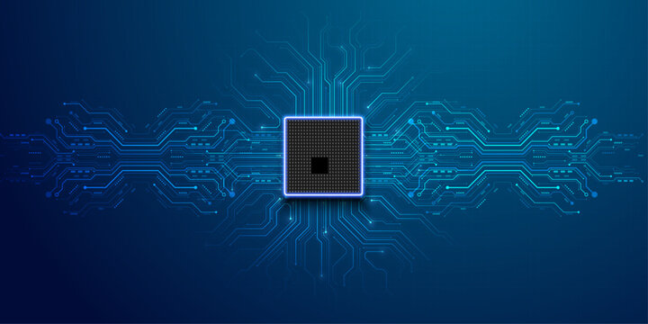 Abstract futuristic circuit board pattern with glowing processor unit at center over dark blue background.