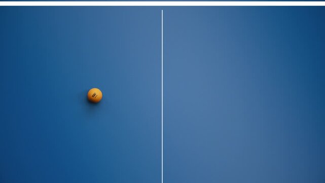 Orange table tennis ball dropping onto a blue ping pong table top view with vertical center line dividing the frame and large copy space, transparent background alpha channel 3D animation for sport br