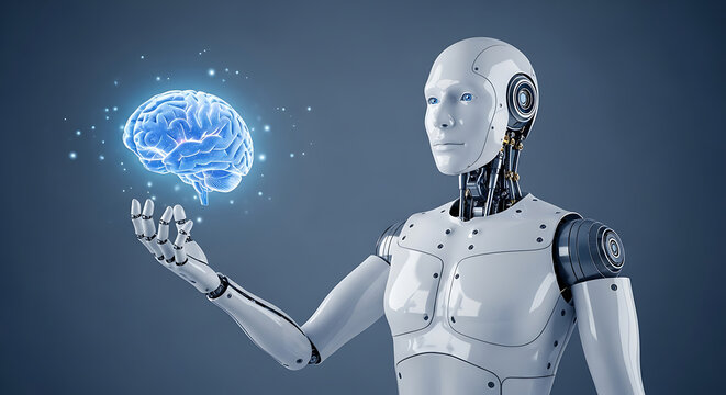 A futuristic robot holds a glowing blue brain in its hand with circuitry exposed