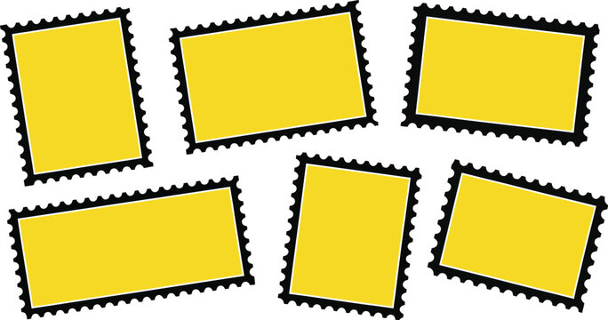 Blank postage stamp icons set yellow post stamps with jagged edges isolated on white background philately mail delivery elements.