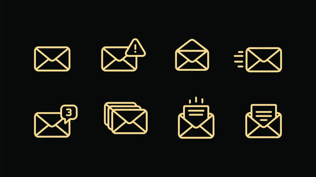 Email and message line icons set golden envelope communication symbols isolated on black background newsletter notification spam incoming mail.