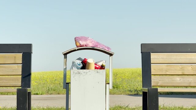 A central trash bin overflows with plastic bottles and cups between two park benches. This disappointing scene interrupts the beautiful yellow and green field, creating a feeling of annoyance.