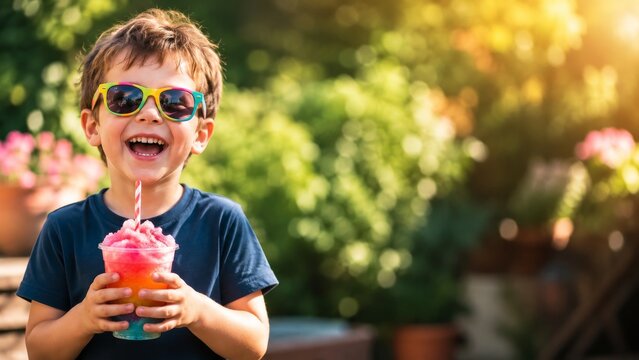 Happy Boy with Sunglasses Holding Colorful Summer Slush