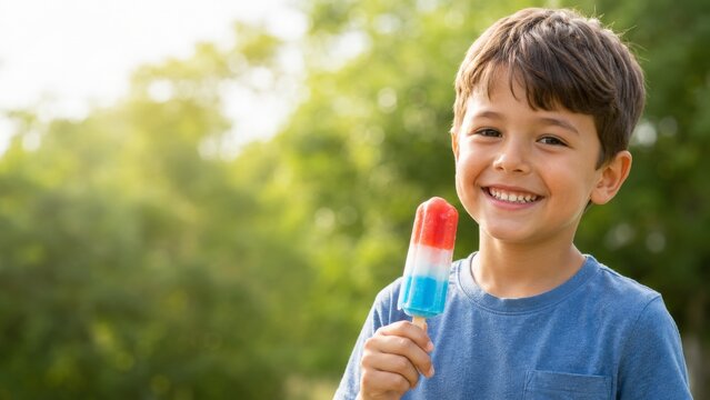 Smiling Boy Holding Red White and Blue Ice Pop Outdoors