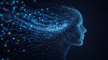Obraz premium Glowing blue digital female profile formed from particles and connected nodes with streaming data trails, evoking AI, neural networks and futuristic technology