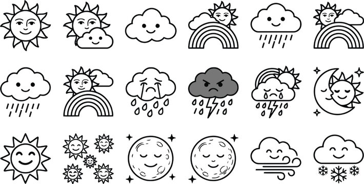Cute weather cartoon characters icons set. Kawaii line art outline symbols with happy smiling sun, sad crying rain cloud, angry thunderstorm, rainbow, and sleeping moon. Vector illustration isolated o