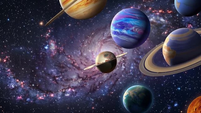 Colorful illustration of planets, galaxy, and earth in outer space with vibrant cosmic elements 4k video