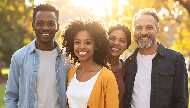 Diverse group of four friends smiling warmly in autumn park, golden hour sunlight, close-up portrait