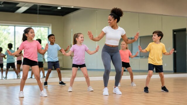 Energetic kids dance class with instructor leading choreography in a bright mirrored studio
