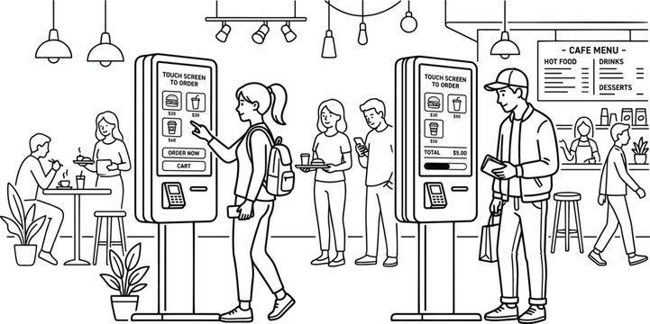 Modern cafe restaurant interior with customers using digital touch screen self service kiosk terminal line art.