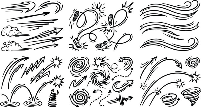 Hand drawn dynamic speed arrows motion lines scribble comic elements footprints swirl wind vortex sketch vector doodle set