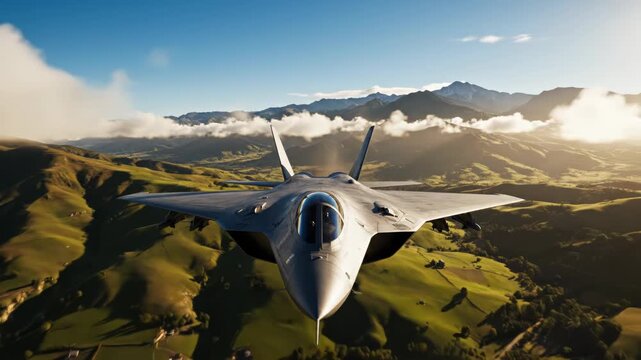 Modern stealth fighter jet flying over a scenic green mountain landscape at sunset