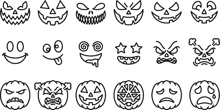 Halloween pumpkin carving faces line icons set. Minimalist outline jack-o-lantern emoticons with scary, angry, funny, smiling, and creepy grimace expressions. Vector illustration isolated on white bac