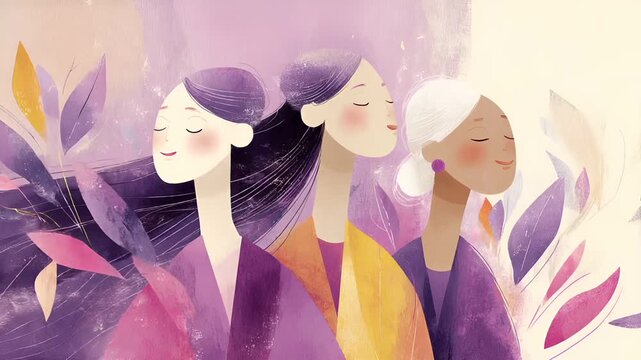 Female diversity. Human rights, equal opportunity concept. A vibrant illustration depicts three women in a serene and contemplative pose. The style is modern and abstract.