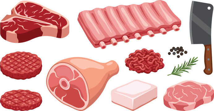 Raw Meat Collection with Steak Ribs Ground Beef Ham Cutlets and Butcher Tools Vector Illustration Set