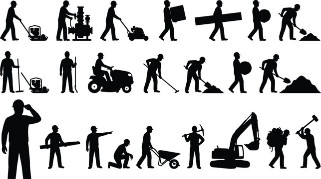 Construction Worker and Heavy Equipment Silhouette Vector Set for Building Excavation Landscaping and Site Work