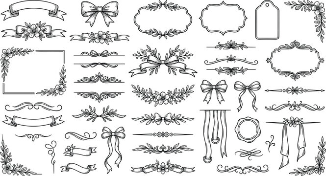 Hand drawn floral borders vintage frames ribbon banners text dividers corner ornaments wedding decoration sketch vector set