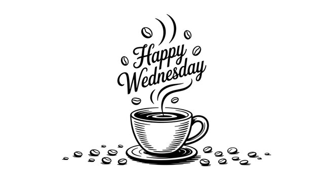 Happy wednesday coffee cup illustration with typography and coffee beans