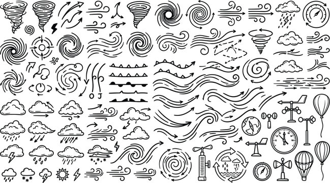 Hand drawn wind weather icons tornado hurricane swirls storm clouds rain climate measuring instruments doodle sketch vector set