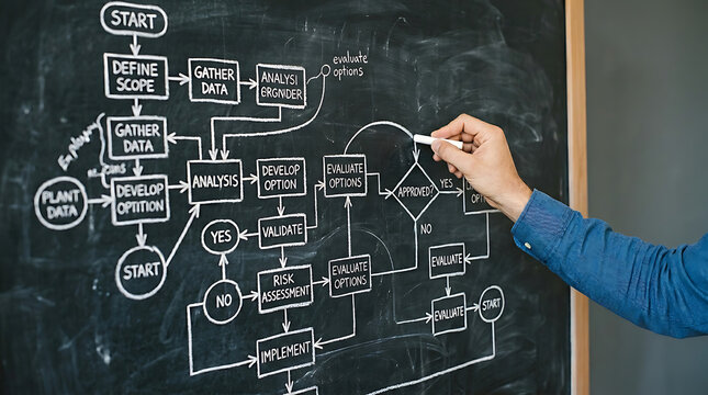 Closeup of a person drawing a complex business flowchart on a chalkboard
