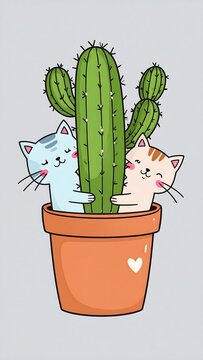 A cute illustration of two cats peeking out from behind a cactus in a pot