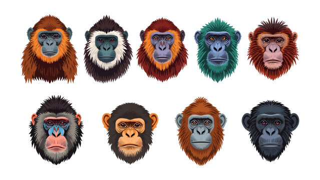 A Primate Portrait Gallery: A curated collection of diverse ape and monkey faces, showcasing a variety of species with their unique facial features and expressions.