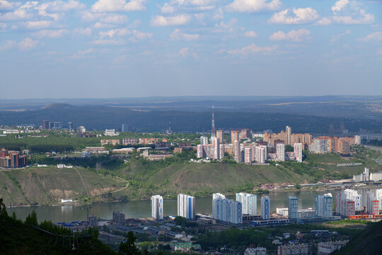 Krasnoyarsk. View of the city and the Yenisei River from Bobrovy Log Fun Park, Russia