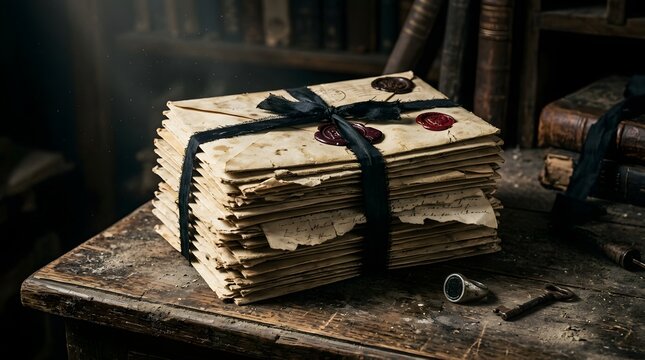 A stack of old letters tied with a black ribbon, sealed with red wax, sits on a wooden desk beside antique books. The scene evokes a sense of mystery, history, and personal correspondence