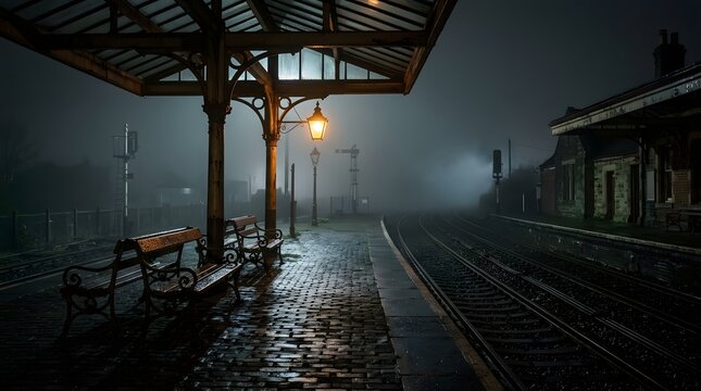 An old, empty train station platform at night, shrouded in fog. A single lamp casts a warm glow on the wet cobblestone, creating a mysterious and atmospheric scene