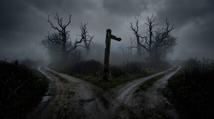 Obraz premium A lonely crossroad with two diverging paths disappearing into a foggy, eerie landscape, surrounded by dead trees. The atmosphere is somber and mysterious, evoking a sense of choice and uncertainty