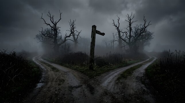 A lonely crossroad with two diverging paths disappearing into a foggy, eerie landscape, surrounded by dead trees. The atmosphere is somber and mysterious, evoking a sense of choice and uncertainty