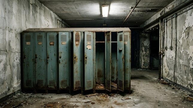An abandoned locker room with a row of weathered lockers, some open, revealing empty interiors. The hallway is dimly lit, with peeling paint and debris on the floor, creating a haunting atmosphere