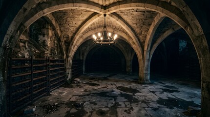 Obraz premium An eerie, ancient cellar with stone arches and a dim chandelier. The floor is damp and appears weathered, suggesting age and disuse. The shadows create a mysterious atmosphere.