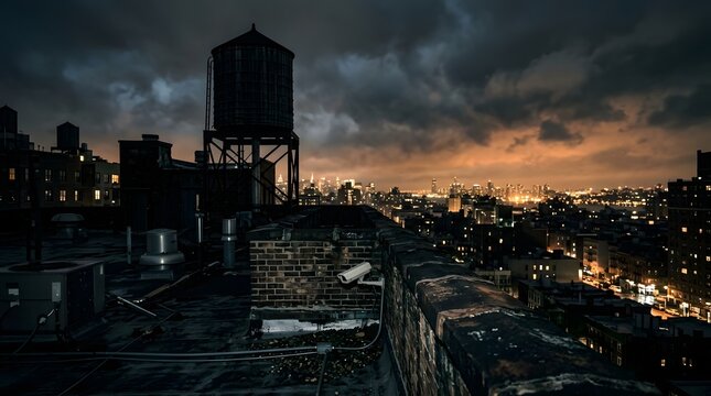 Cityscape at dusk with a dramatic sky and a foreground view of rooftop elements