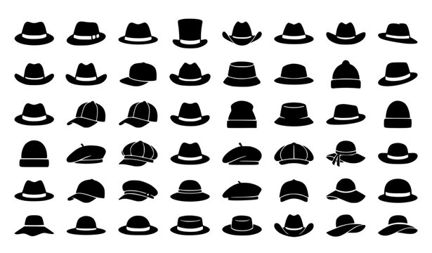 32 black hat silhouettes collection diverse fashionable headwear vector icon set isolated