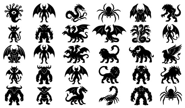 Dark monster silhouette collection with horns multiple eyes and fantasy creatures vector set