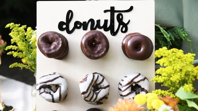 Donut shop display stand with rows of dark chocolate and white chocolate donuts daytime
