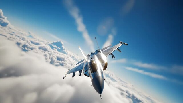 Fa18 super hornet fighter jet flying above clouds in a bright blue sky