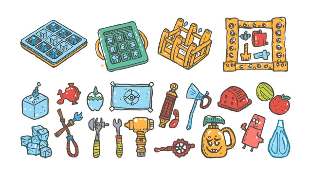Creative Icon Set: A vibrant collection of hand-drawn icons featuring ice cube trays, tools, playful characters, and various objects, perfect for graphic design and creative projects.