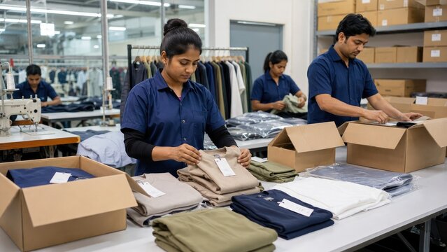Workers in a garment factory folding and packing stacked clothing into cardboard boxes on a production line