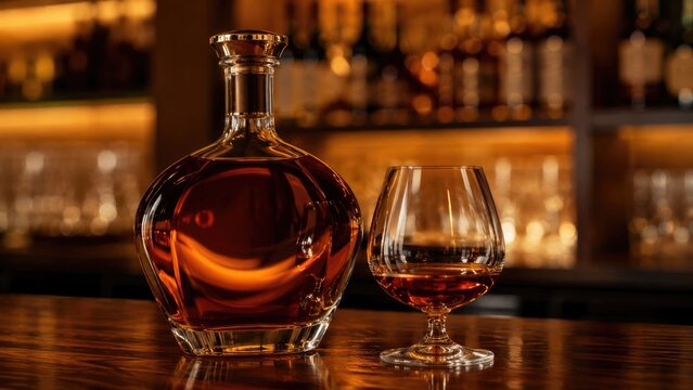Elegant decanter and snifter of amber spirit on a polished bar counter with warm backlit bottles and cozy bokeh lighting