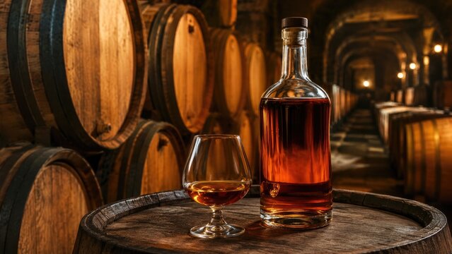 Amber spirit bottle and snifter on a barrel in an oak cask cellar with warm lighting, evoking whiskey tasting and aging