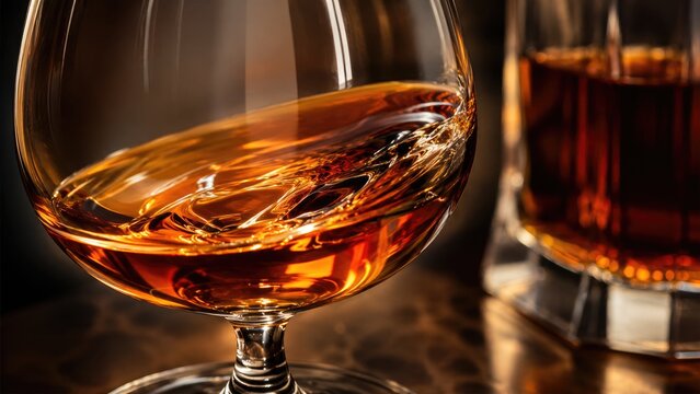 Close-up of amber brandy and dark whiskey in a snifter and tumbler, warm reflections and elegant moody lighting