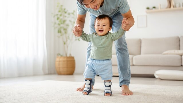 Smiling toddler learning to walk with leg braces while a father supports him in a bright living room