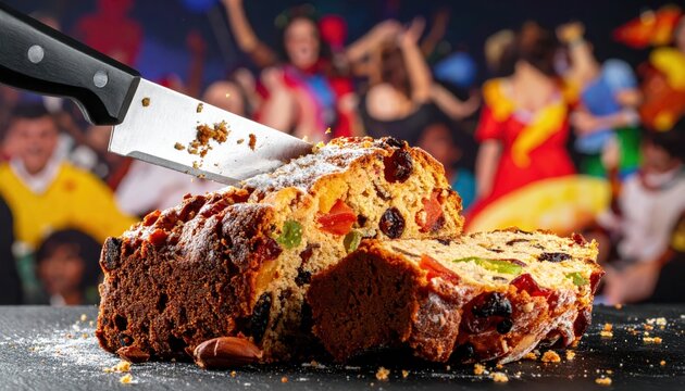 Rich fruitcake being expertly sliced with a sharp pastry knife at a vibrant party celebration
