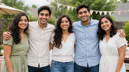 Fototapeta premium Five smiling young adults with arms around each other at a backyard summer gathering
