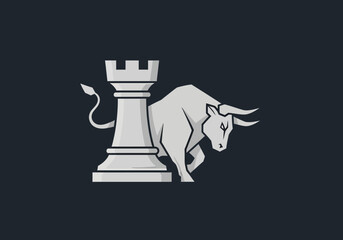Bull and chess rook mascot logo for financial strategy business © alpen