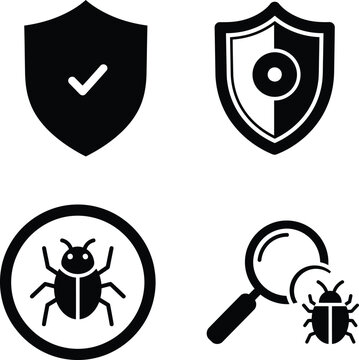 Black and white icons of shield bug and magnifying glass on white background